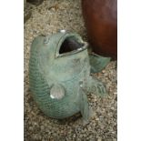 Large Terracotta Garden Planter in the form of a Carp Fish with a verdigris finish, 65cm high