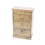 Worktop three drawer pine chest, 37cm wide x 54cm high