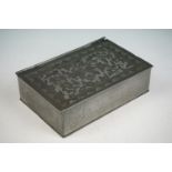 Antique Chinese pewter box with engraved decoration, character marks to the base.