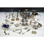 A small collection of mixed silver plate to include teapot, spoons, thimbles, sugar shaker, taper