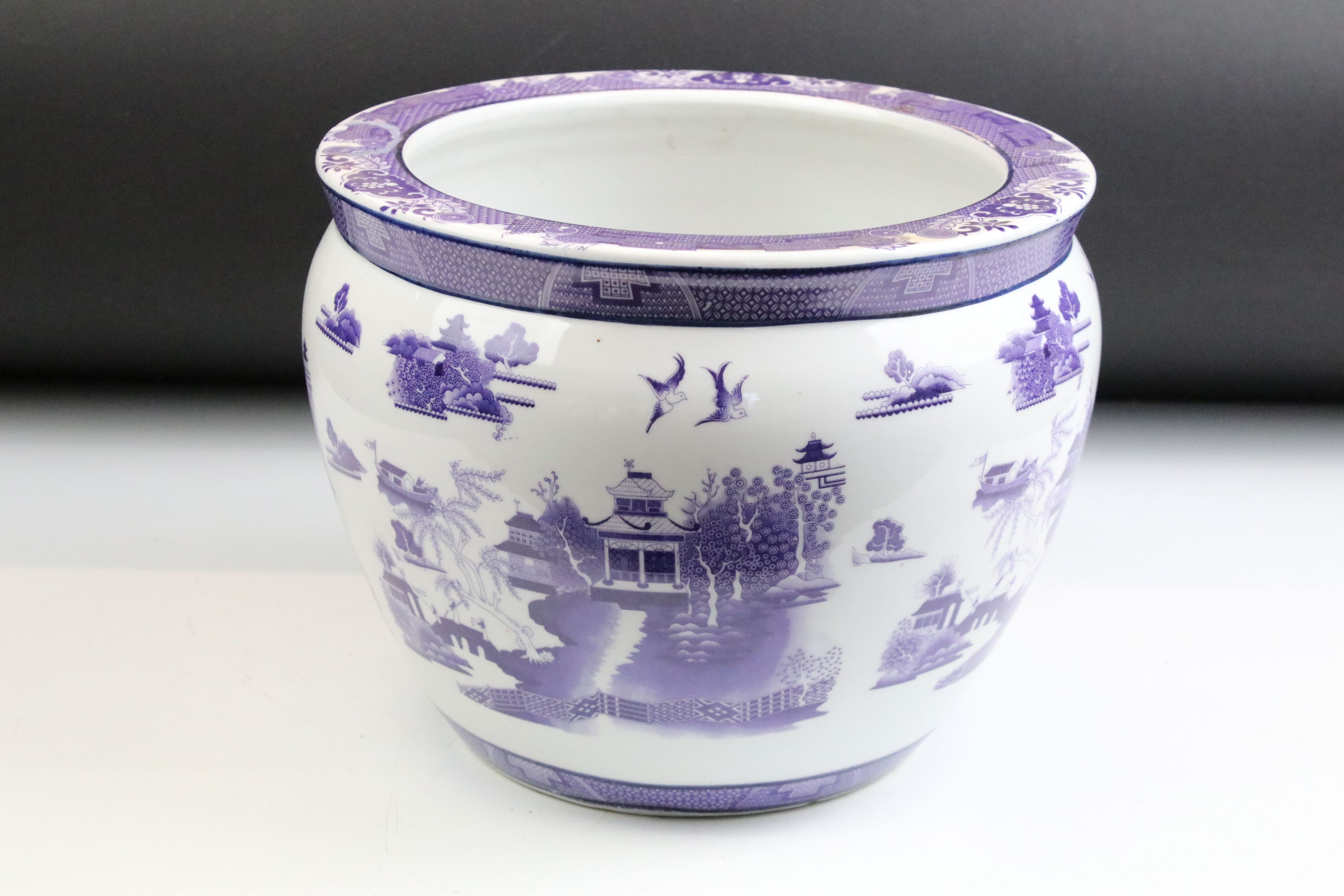 Pair of 20th Century Chinese planter pots. Each having purple printed landscape scenes to the - Image 2 of 4