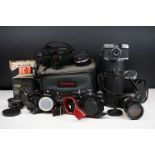 A collection of photographic equipment to include Yashica GTN Electro 35mm camera, Nikon EM, Zenit