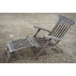 Teak Steamer style Garden Lounge Chairs with seat cushions, label for P.T.C. Imports