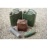 Two Wavian 20 litre Jerry Cans together with Shell Motor Spirit Fuel Can, Copper Cannister and