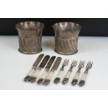 A pair of fully hallmarked sterling vases together with a silver plated knife and fork set with