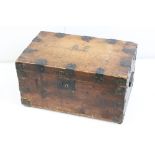 19th century Pine and Iron Bound Blanket Box, the top inset with brass studs forming ' AE ', with