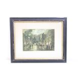 Early 20th century watercolour of a busy street scene with figures by gas light indistinctly signed,