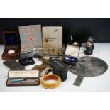 A box of mixed collectables to include opera glasses, a Chinese hand mirror, Parker pens, ship in