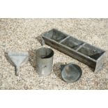 Galvanised Animal Trough, 92cm long together with a Galvanised Bucket, Funnel and Hopper plus