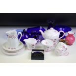 Assorted ceramics to include Shelley pink floral tea set for two, Bristol blue glass, early Royal