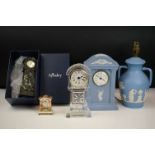 Wedgwood Jasperware millennium mantle clock, Dudson Jasperware twin handled lamp base, Royal Crown