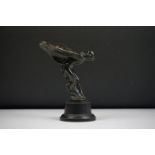 A Rolls Royce style 'Spirit of Ecstasy' bronze car hood ornament, stands approx 17cm on base.