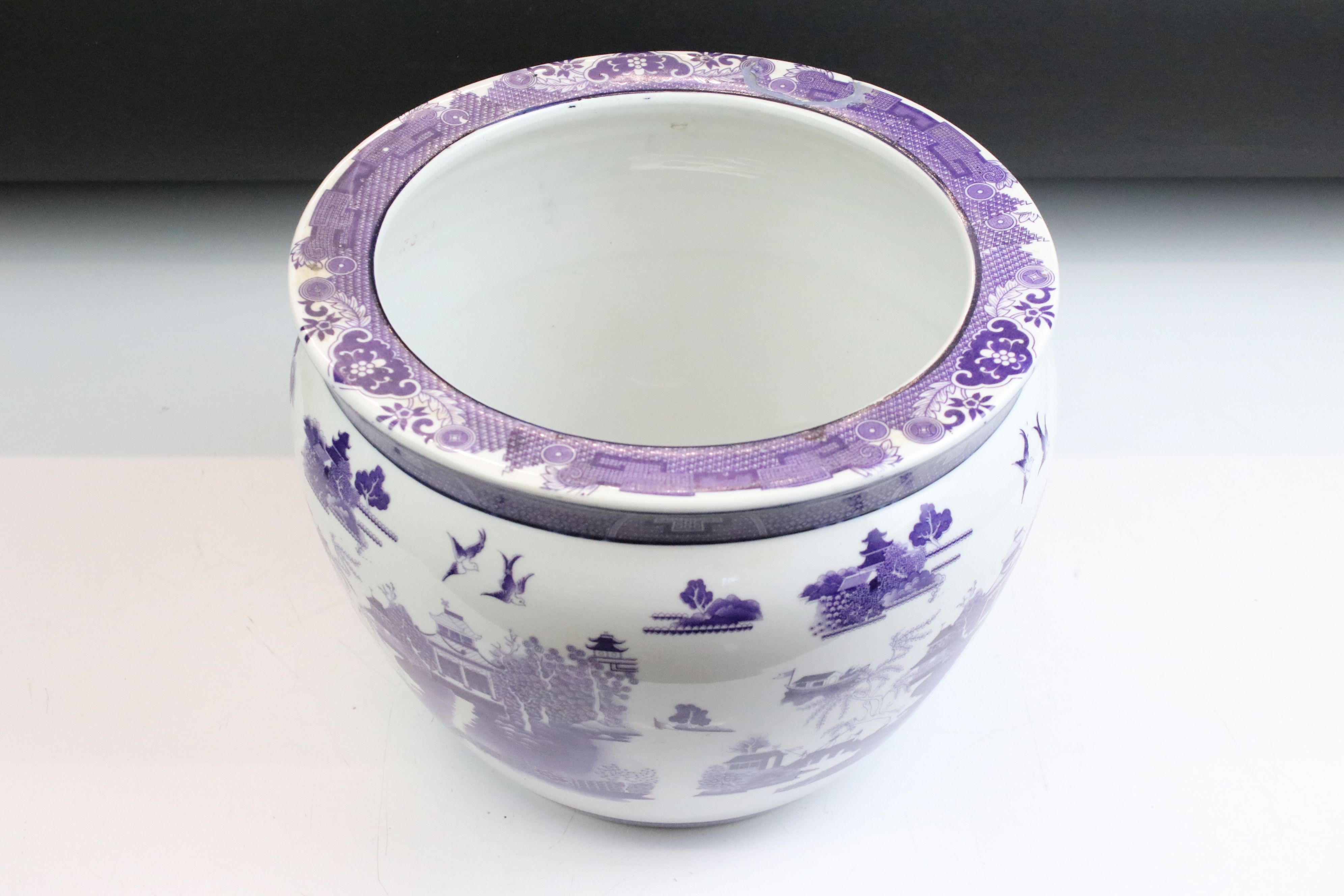 Pair of 20th Century Chinese planter pots. Each having purple printed landscape scenes to the - Image 3 of 4