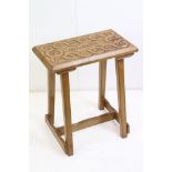 Victorian pine rustic stool with carved top, 48cm wide x 57cm high