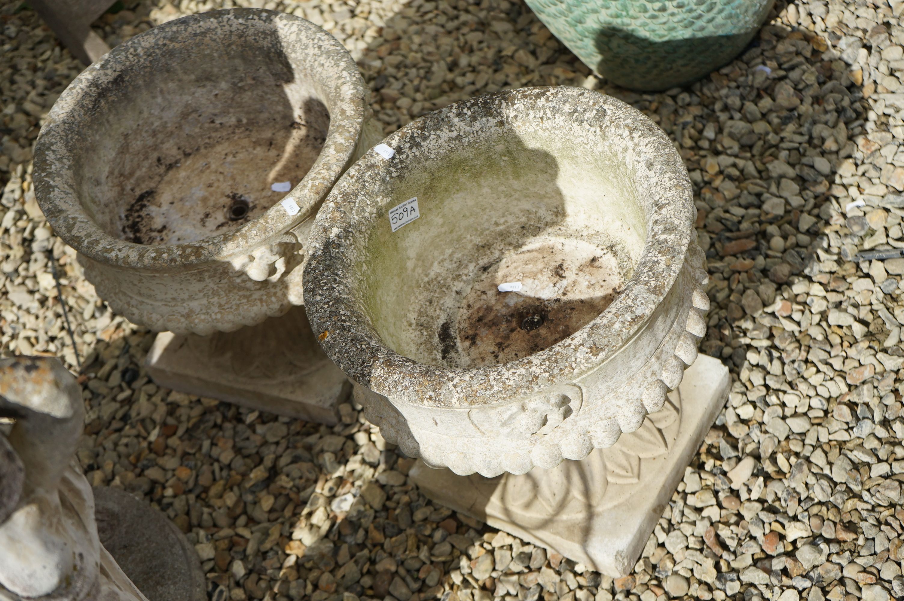 Pair of Reconstituted Stone Garden Planters in the form of Circular Urns on Stands, 38cm diameter