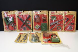 Eight carded Palitoy Action Man accessory sets to include 6 x Action Soldier (Flame Thrower (