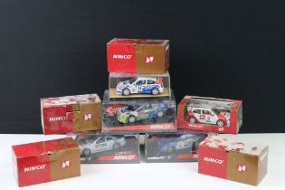 Nine cased / boxed Ninco slot cars to include, 50101 Renault Clio 16V, 50102 Renault Clio 16V, 50104
