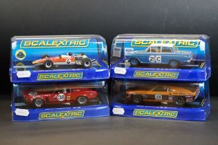 Four cased Scalextric slot cars to include C3670 Ford Cortina GT 1964 Bathurst, C3671 Ford Mustang