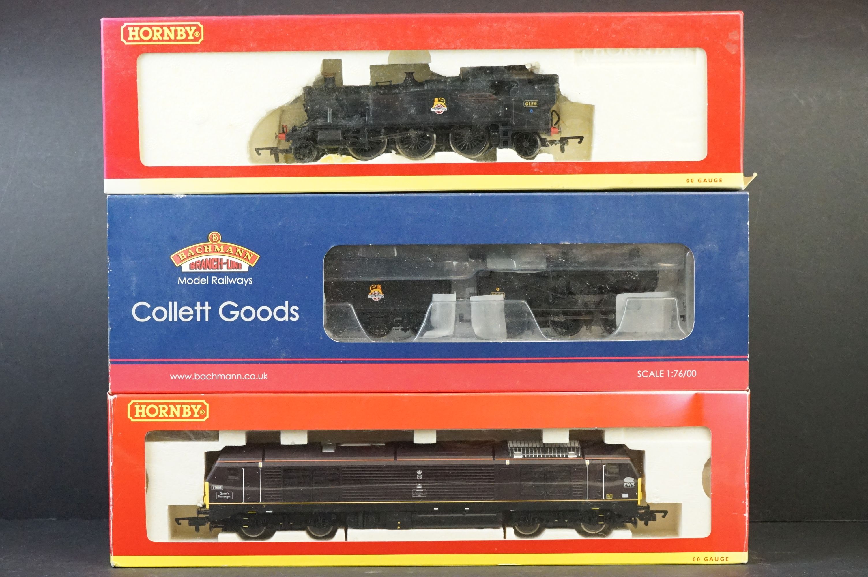 Three boxed OO gauge locomotives to include Bachmann 32311 Collett Goods 2259 BR Black Early