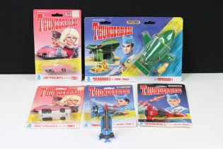 Five carded Matchbox Thunderbirds diecast models to include Thunderbird 2 - Virgil Tracy - with