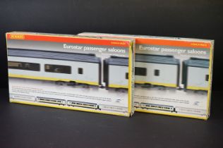 Two boxed Hornby OO gauge R4013 Eurostar Passenger Saloons Coach Pack sets, some end flap wear to