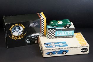 Three boxed slot cars to include Triang C60 D Type Jaguar in green (correct colour spot to box), Fly