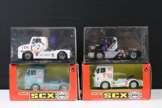 Four cased / boxed slot car trucks to include 2 x Fly (Sisu Fia Etrc 1995 Martin Koloc, Fly Sisu