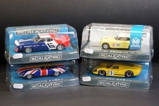 Four cased Scalextric slot cars to include Special Edition C3746A MGB Thoroughbred Sports Car Series
