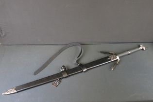 The Witcher 3 detailed stainless steel Geralt's Wolf Pommelled Silver Runed Sword, in scabbard,