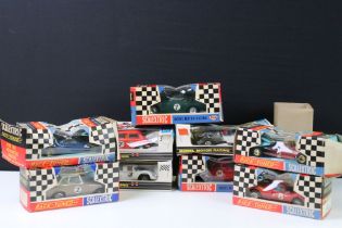 Nine boxed Scalectrix slot cars to include 4 x Race Tuned (C16 Ferrari P4, C9 Ferrari GP, C77 Ford