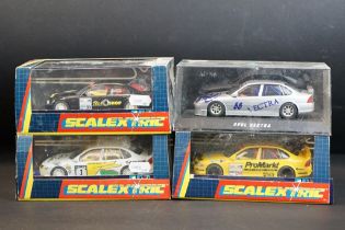 Four cased Scalextric slot cars to include C.2000 Opel Vectra Promarkt, C.2091 BMW Teleshop, C.