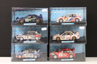 Six cased 'Team Slot' slot cars to include 10604 Subaru Imprezza WRC "Acropolis", 11003 Peugeot
