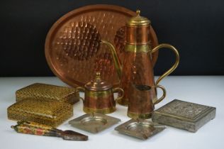 Group of mixed collectables to include a brass & copper three-piece tea set with tray (matched, tray