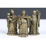 A group of 3 Immortal Chinese Gods brass Figurines Fuk Luk Sau with character marks to base.