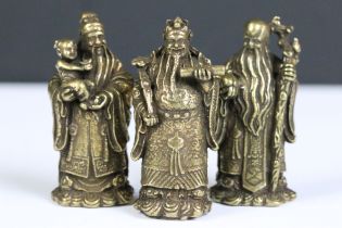 A group of 3 Immortal Chinese Gods brass Figurines Fuk Luk Sau with character marks to base.