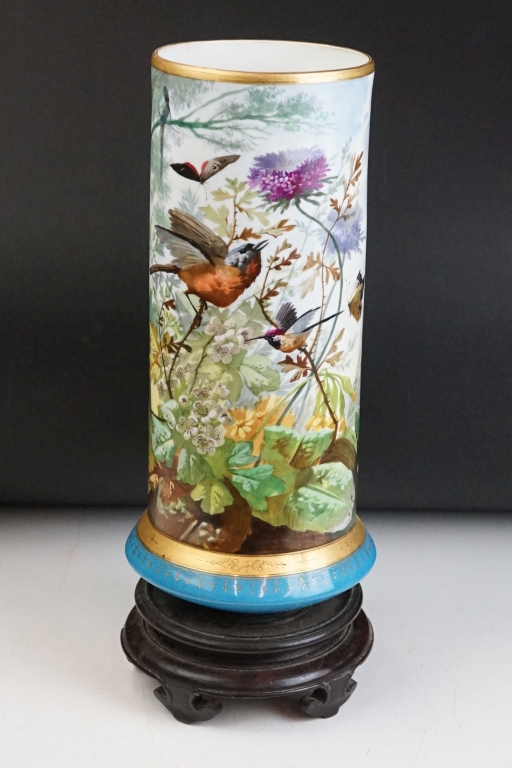 19th Century Victorian painted opaline glass vase. The vase being painted with birds and butterflies