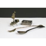 A small group of hallmarked silver collectables to include a spoon, pickle fork and a pill box