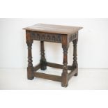 Antique Oak Joint Stool with carved aprons and raised on turned and block supports, 38cm long x 47cm