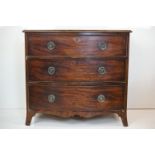 Early 19th century Mahogany Bow Front Chest of Three Long Drawers raised on splay bracket feet, 91cm