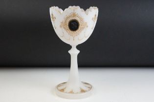 19th Century Victorian Bohemian frosted glass goblet having a moulded rim, moulded cameos and gilt