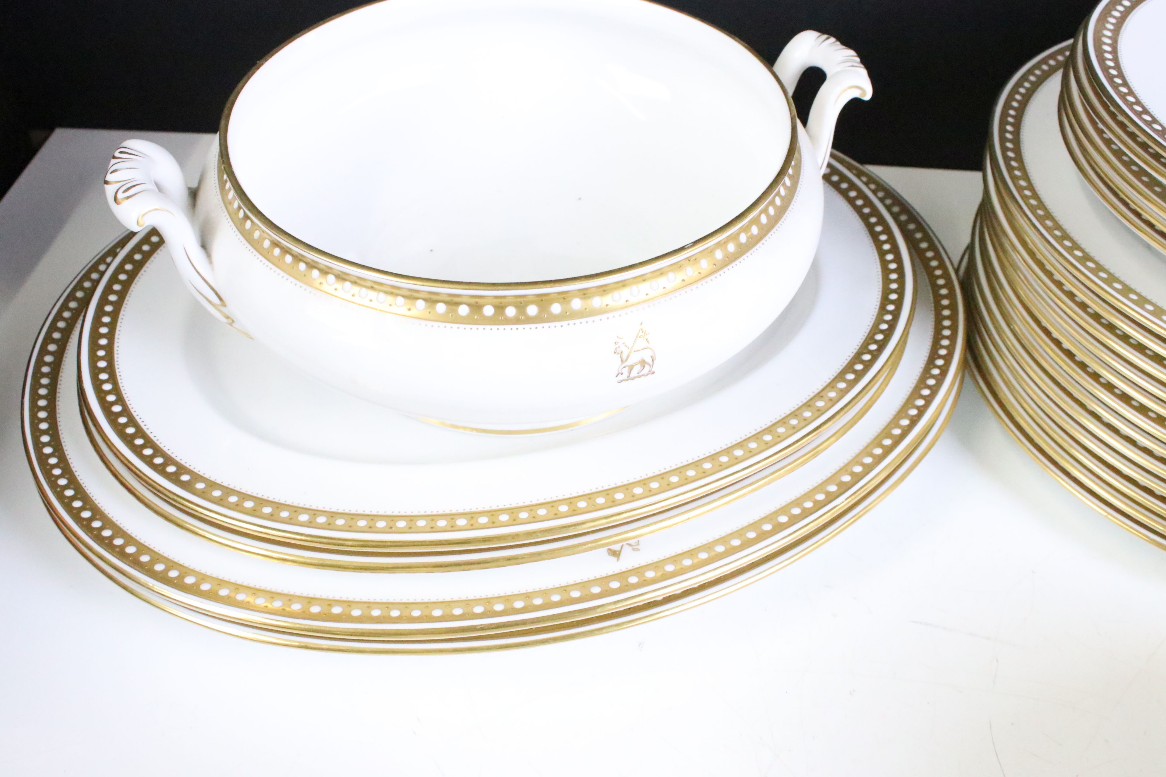 Early 20th Spode dinner service retailed by Thomas Goode & Co Ltd having a white ground with gilt - Image 4 of 6