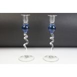 Pair of art glass colourball candlesticks likely by Bob Crooks. Each having spiralled columns with