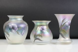 Three pieces of iridescent art glass with purple Anemone & dragonfly design signed Eisch