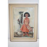 Freda Gresak, oil on board interesting portrait of a child holding flowers and cat on a plinth, 57cm