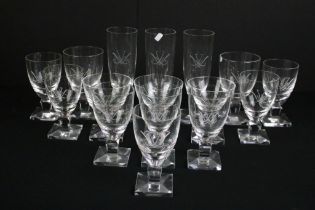 Orrefors of Sweden signed Nils Lanberg glasses, 4 sorbet/ sundae dishes, 11 champagne flutes, 4