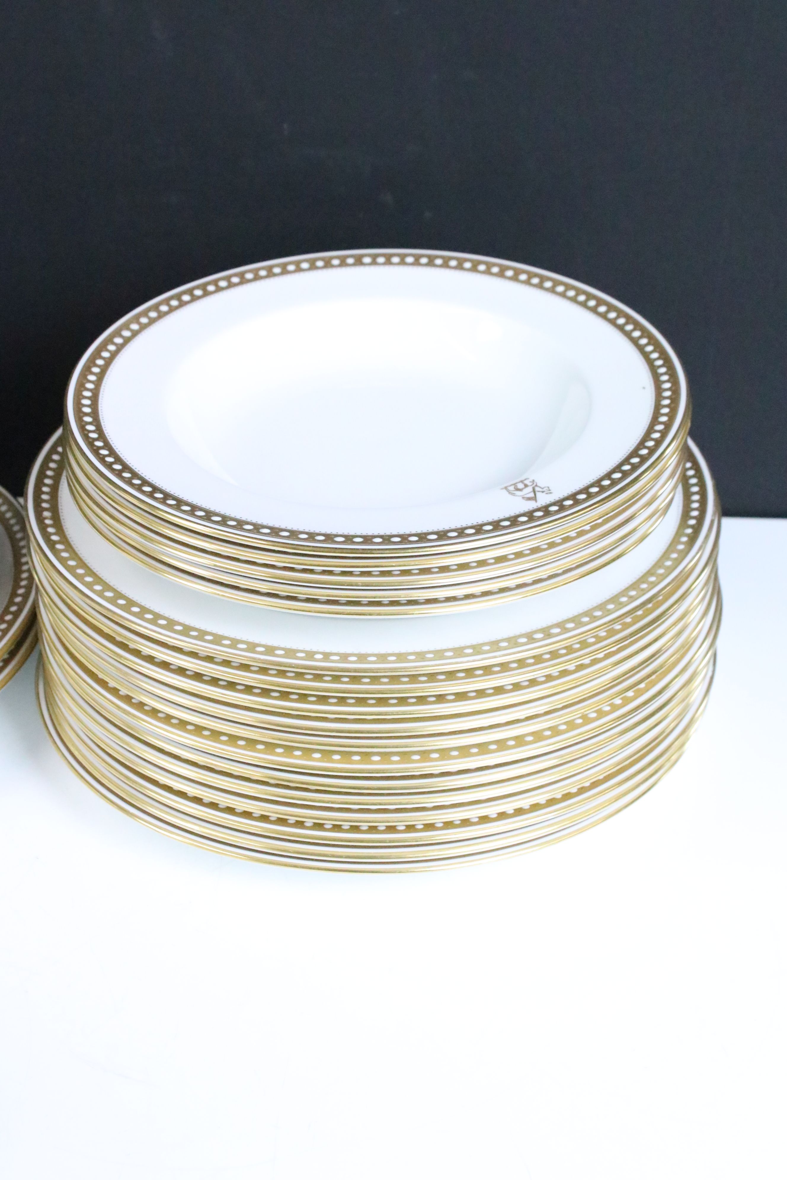 Early 20th Spode dinner service retailed by Thomas Goode & Co Ltd having a white ground with gilt - Image 2 of 6
