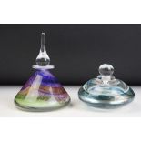 Two studio art glass scent bottles to include one blue swirl design bottle signed Nigel Morton and a