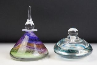 Two studio art glass scent bottles to include one blue swirl design bottle signed Nigel Morton and a