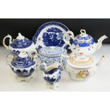 Group of ceramic tea pots to include two 19th Century examples, a Royal crown Derby blue and white