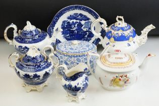 Group of ceramic tea pots to include two 19th Century examples, a Royal crown Derby blue and white